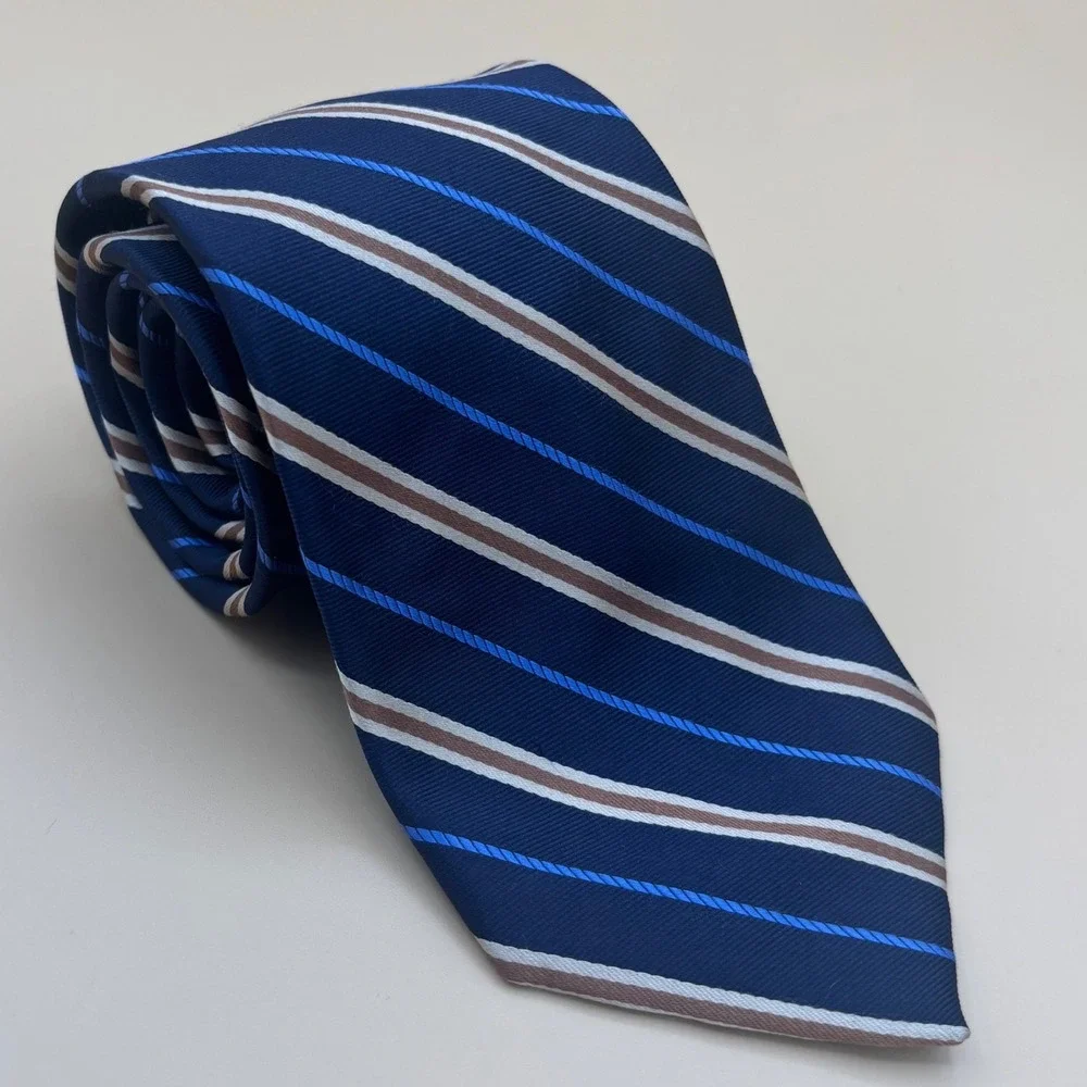 Jos. A. Bank Signature Collection Silk Striped‎ Tie Navy Blue Brown Handmade